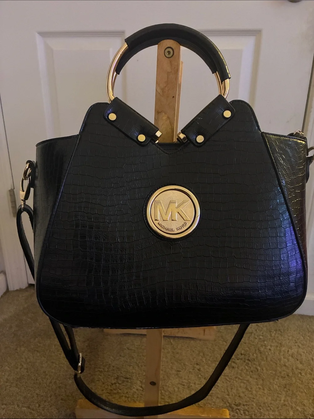 Michael Kors Black Croc-Embossed Satchel with Gold MK Medallion